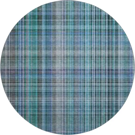 8' Teal And Gray Plaid Washable Round Rug With UV Protection Photo 1