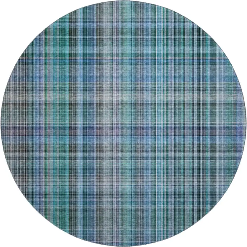 8' Teal And Gray Plaid Washable Round Rug With UV Protection Photo 1