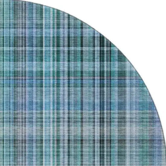 8' Teal And Gray Plaid Washable Round Rug With UV Protection Photo 4