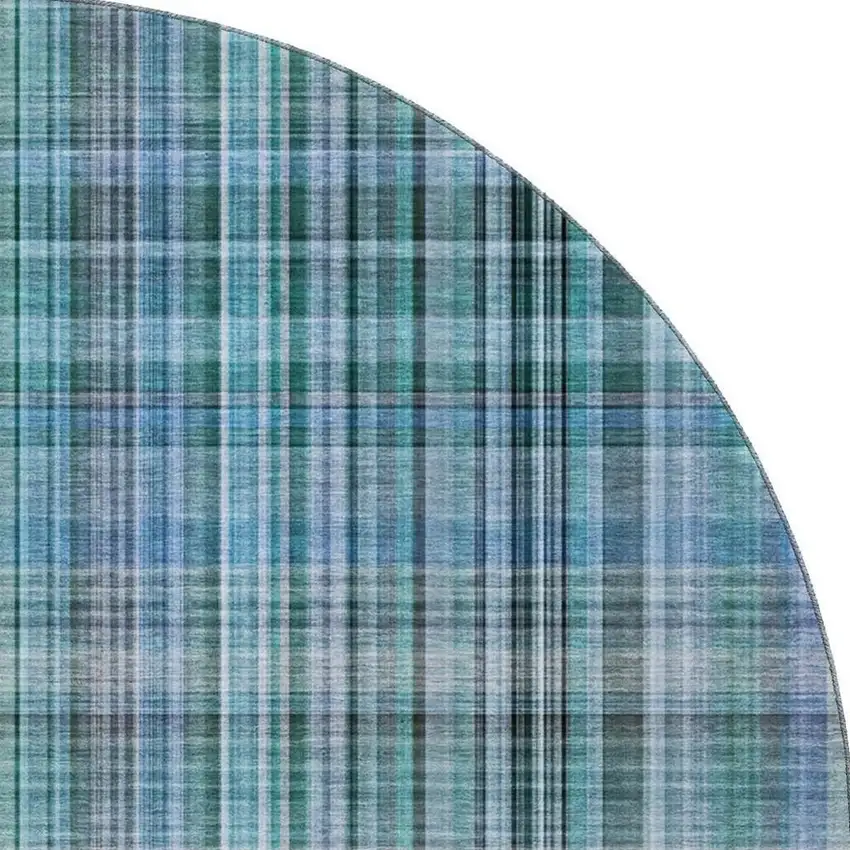 8' Teal And Gray Plaid Washable Round Rug With UV Protection Photo 4