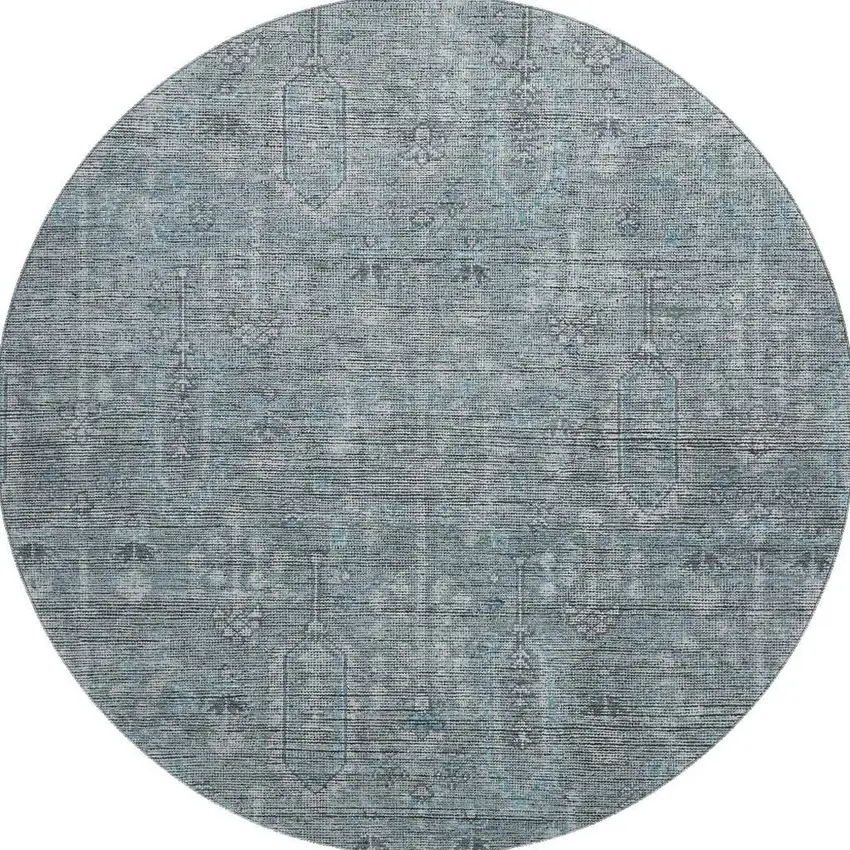 8' Teal And Gray Southwestern Washable Round Rug With UV Protection Photo 4