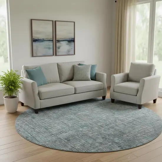 8' Teal And Gray Southwestern Washable Round Rug With UV Protection Photo 1