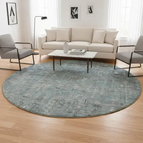8' Teal And Gray Southwestern Washable Round Rug With UV Protection Photo 2
