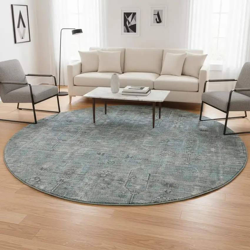 8' Teal And Gray Southwestern Washable Round Rug With UV Protection Photo 2