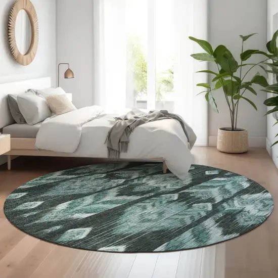 8' Teal And Gray Southwestern Washable Round Rug With UV Protection Photo 5