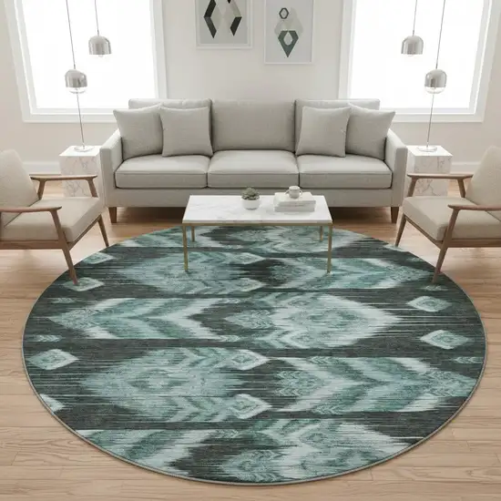 8' Teal And Gray Southwestern Washable Round Rug With UV Protection Photo 2