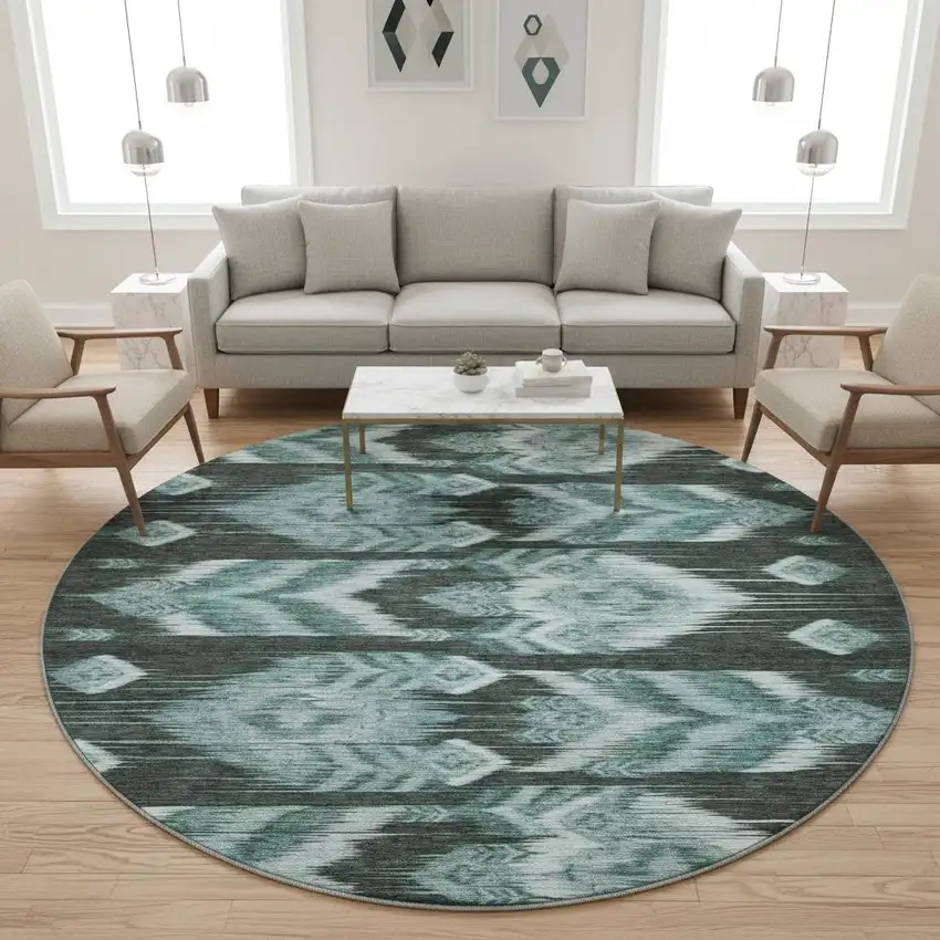 8' Teal And Gray Southwestern Washable Round Rug With UV Protection Photo 2