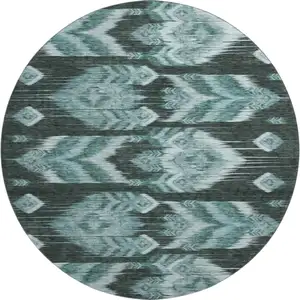 Photo of 8' Teal And Gray Southwestern Washable Round Rug With UV Protection