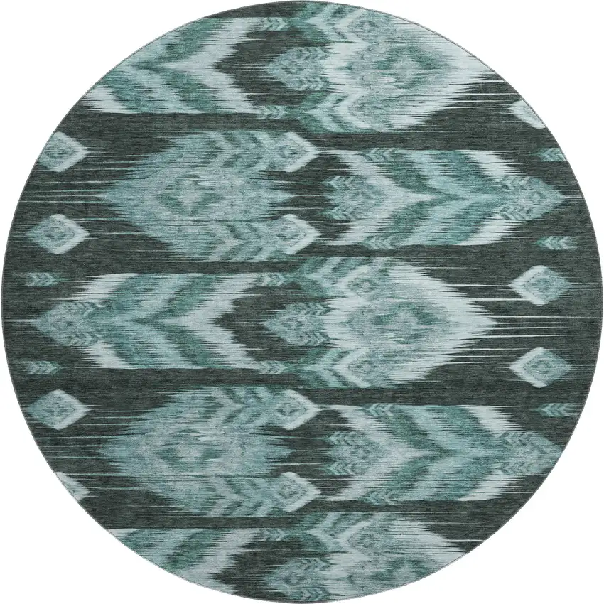 8' Teal And Gray Southwestern Washable Round Rug With UV Protection Photo 1