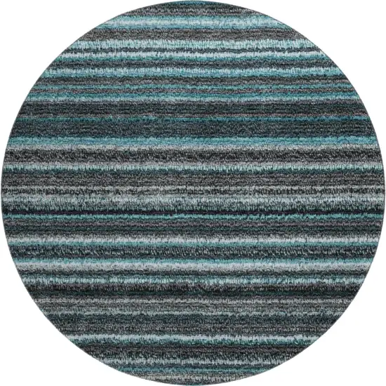 8' Teal And Gray Striped Washable Round Rug With UV Protection Photo 1