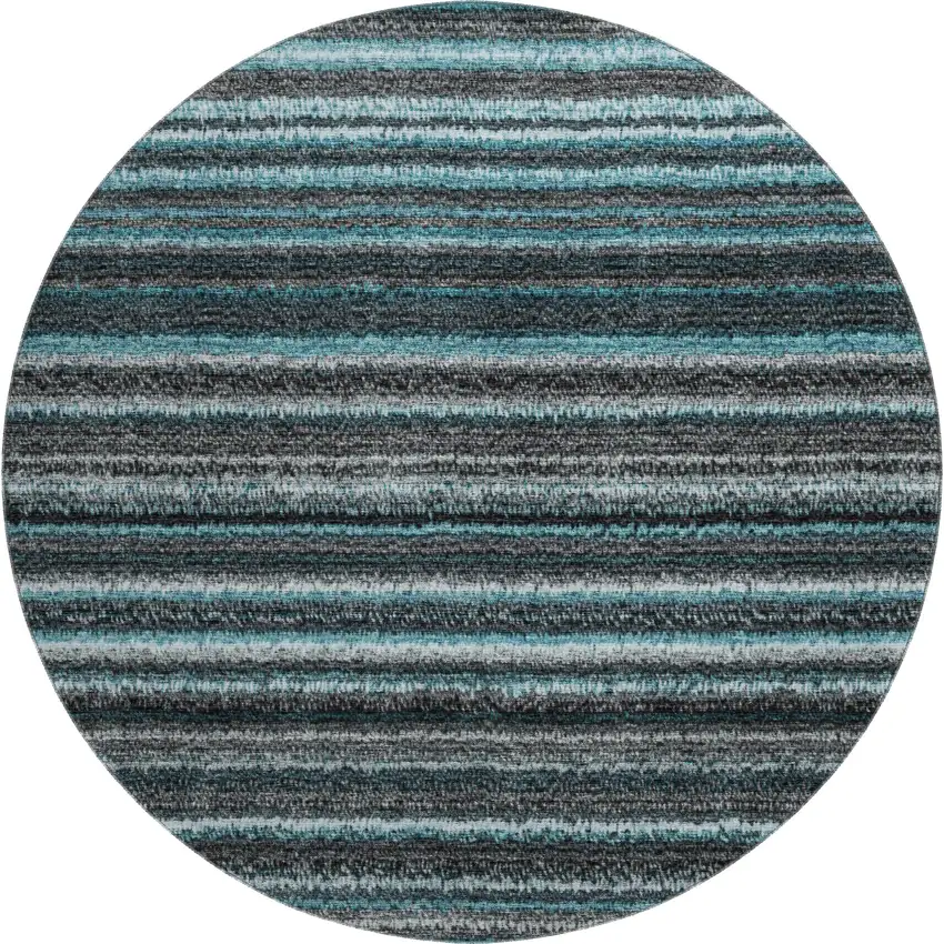 8' Teal And Gray Striped Washable Round Rug With UV Protection Photo 1