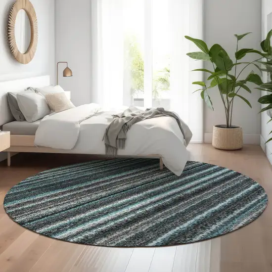 8' Teal And Gray Striped Washable Round Rug With UV Protection Photo 4