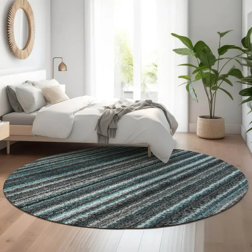 8' Teal And Gray Striped Washable Round Rug With UV Protection Photo 4
