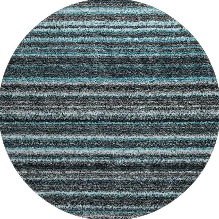 8' Teal And Gray Striped Washable Round Rug With UV Protection Photo 3