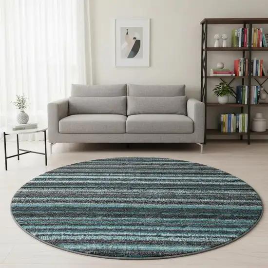 8' Teal And Gray Striped Washable Round Rug With UV Protection Photo 2
