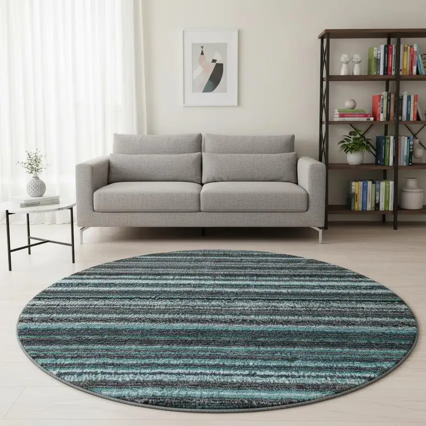 8' Teal And Gray Striped Washable Round Rug With UV Protection Photo 2