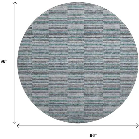 8' Teal And Gray Striped Washable Round Rug With UV Protection Photo 3