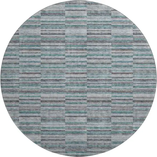 8' Teal And Gray Striped Washable Round Rug With UV Protection Photo 1