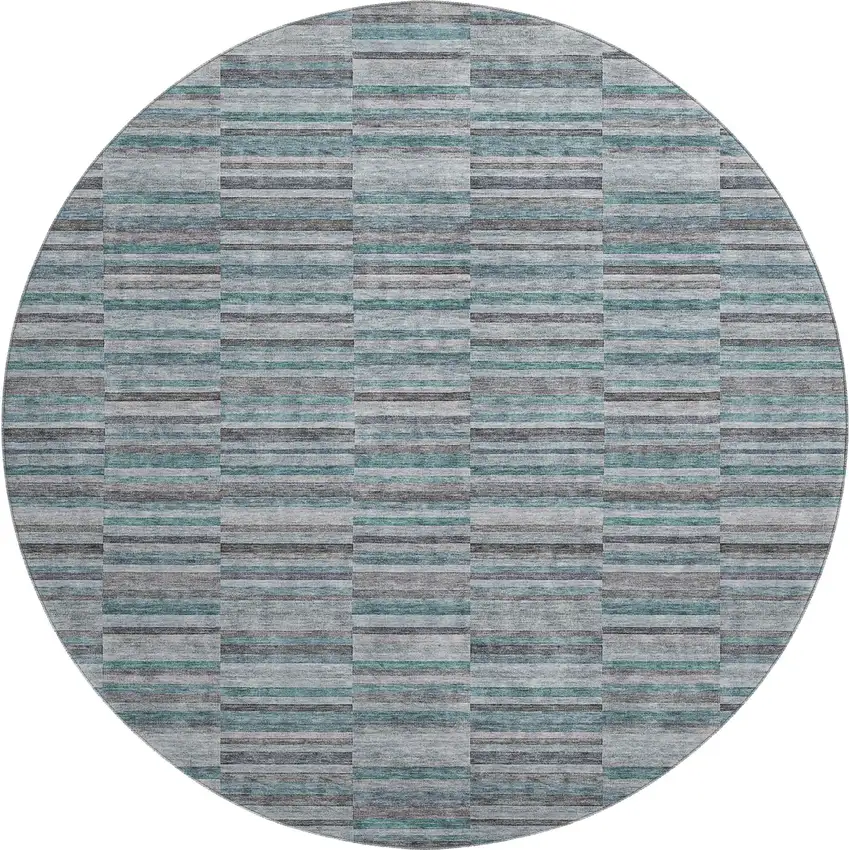 8' Teal And Gray Striped Washable Round Rug With UV Protection Photo 1