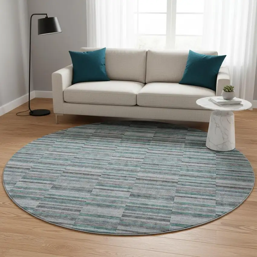 8' Teal And Gray Striped Washable Round Rug With UV Protection Photo 2