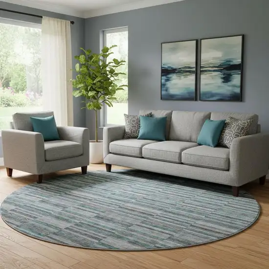 8' Teal And Gray Striped Washable Round Rug With UV Protection Photo 1