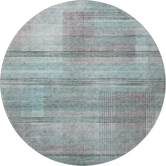 8' Teal And Gray Striped Washable Round Rug With UV Protection Photo 4
