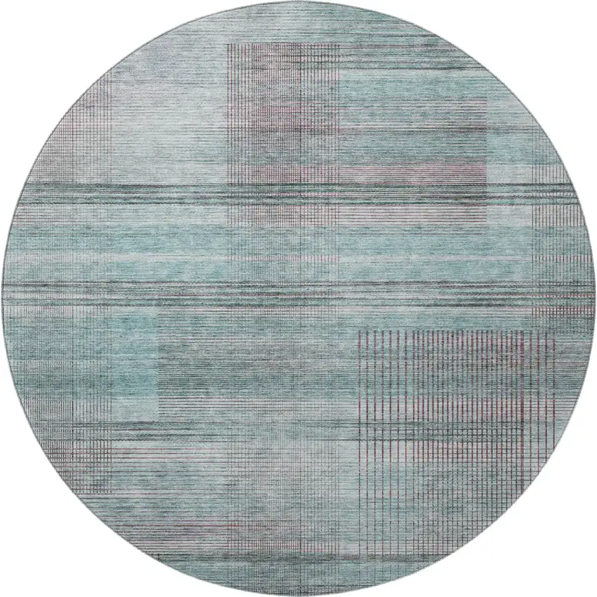 8' Teal And Gray Striped Washable Round Rug With UV Protection Photo 4