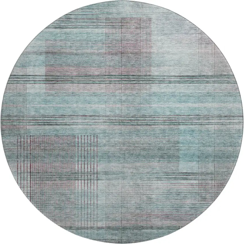 8' Teal And Gray Striped Washable Round Rug With UV Protection Photo 1