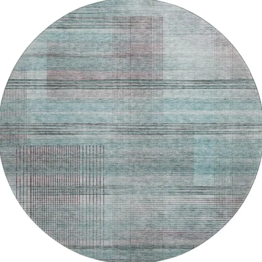 8' Teal And Gray Striped Washable Round Rug With UV Protection Photo 3