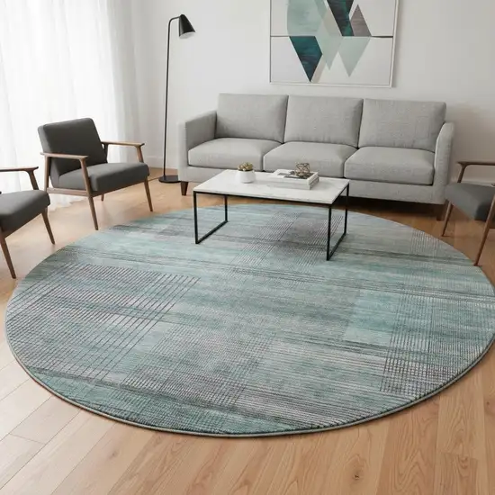 8' Teal And Gray Striped Washable Round Rug With UV Protection Photo 2