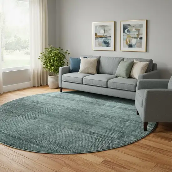 8' Teal And Gray Striped Washable Round Rug With UV Protection Photo 1