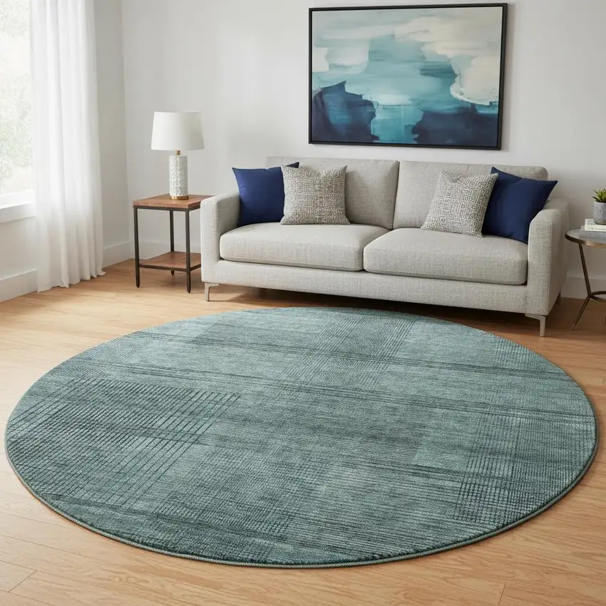 8' Teal And Gray Striped Washable Round Rug With UV Protection Photo 2