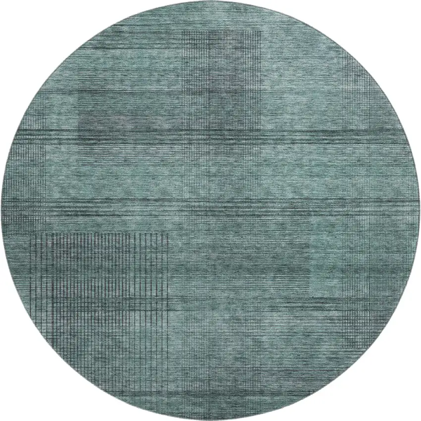 8' Teal And Gray Striped Washable Round Rug With UV Protection Photo 1