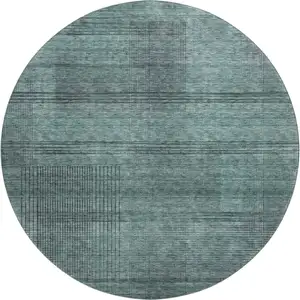 Photo of 8' Teal And Gray Striped Washable Round Rug With UV Protection