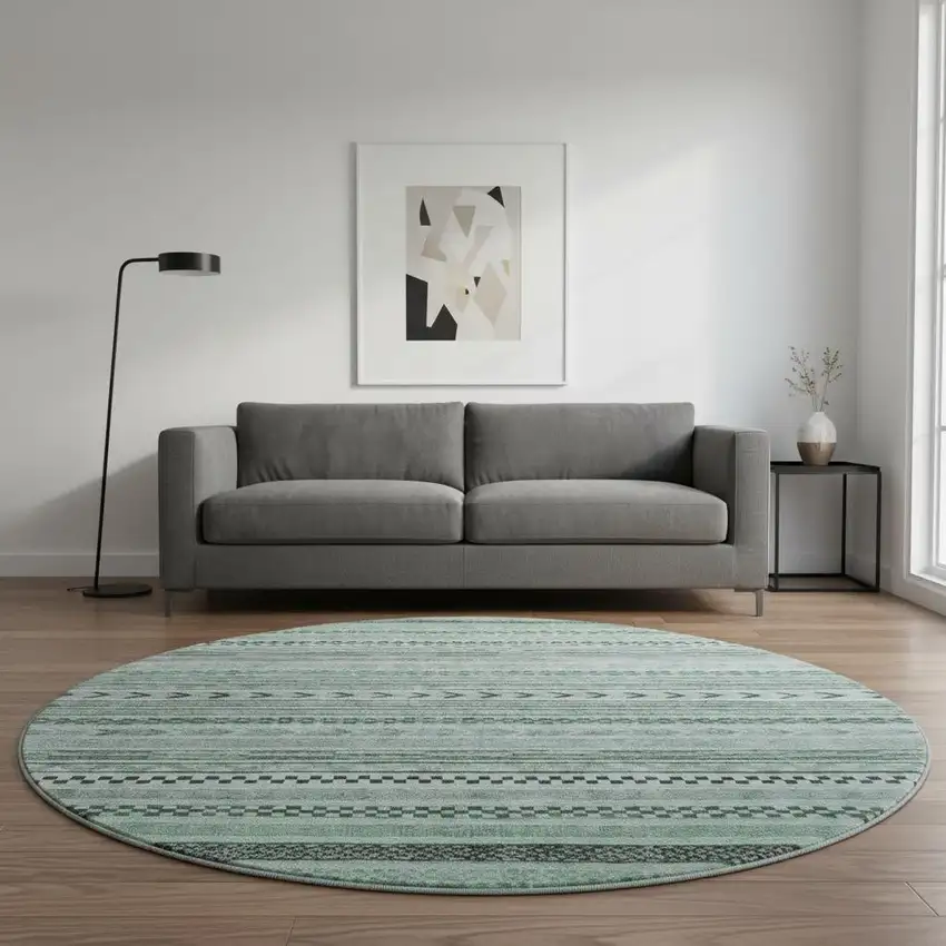 8' Teal And Gray Striped Washable Round Rug With UV Protection Photo 2