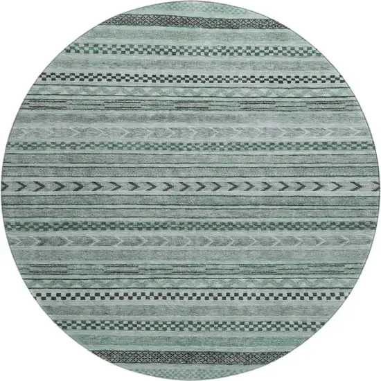 8' Teal And Gray Striped Washable Round Rug With UV Protection Photo 1