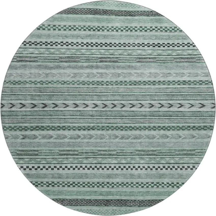 8' Teal And Gray Striped Washable Round Rug With UV Protection Photo 1