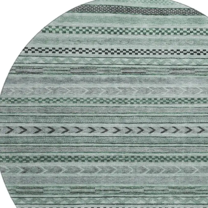 8' Teal And Gray Striped Washable Round Rug With UV Protection Photo 2