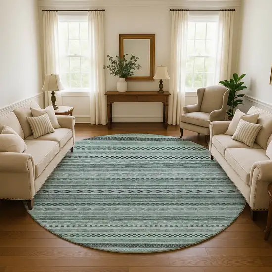 8' Teal And Gray Striped Washable Round Rug With UV Protection Photo 4