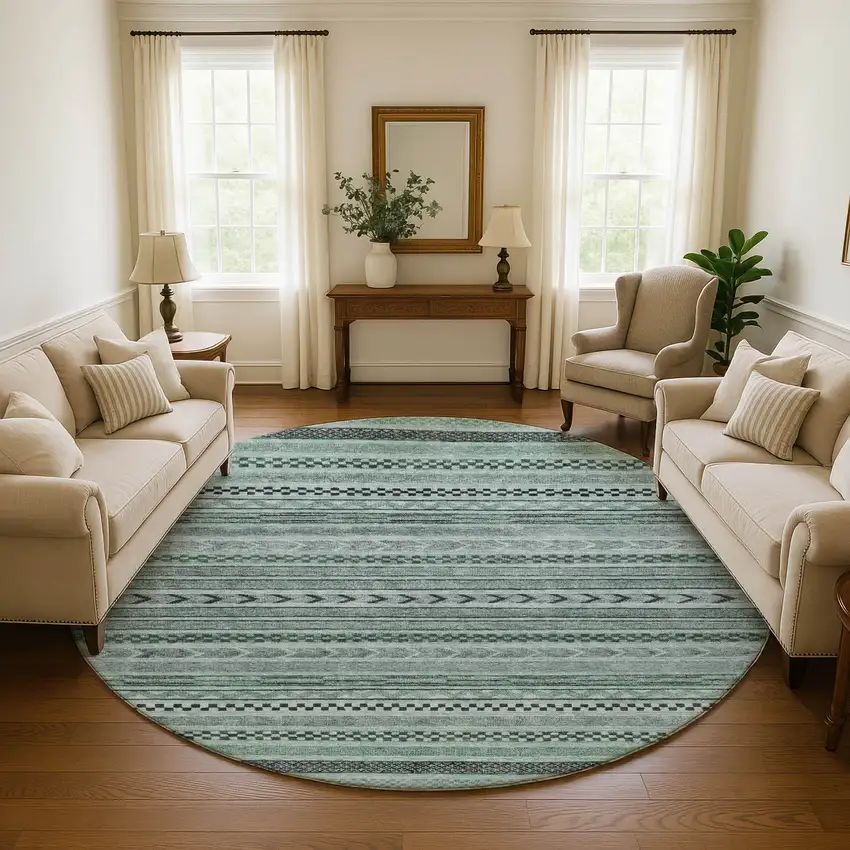 8' Teal And Gray Striped Washable Round Rug With UV Protection Photo 4