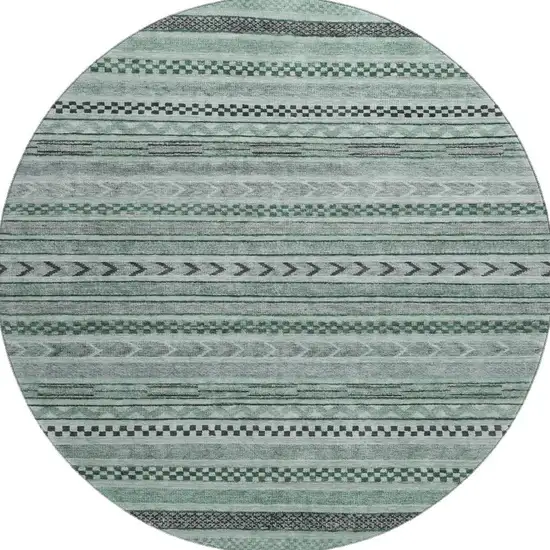 8' Teal And Gray Striped Washable Round Rug With UV Protection Photo 3