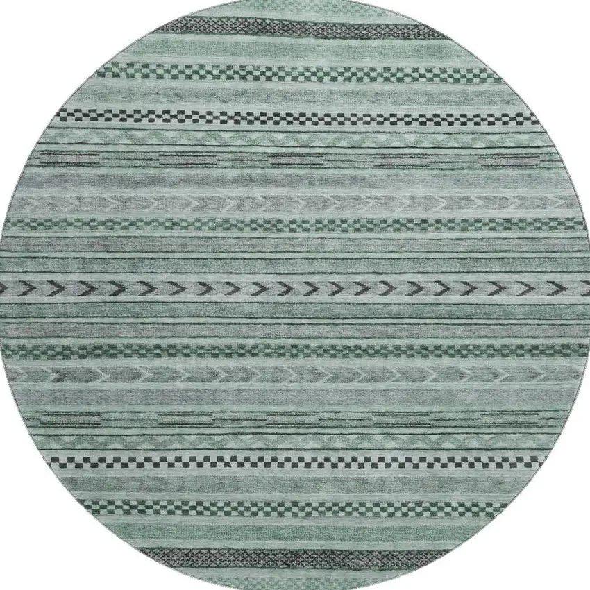 8' Teal And Gray Striped Washable Round Rug With UV Protection Photo 3