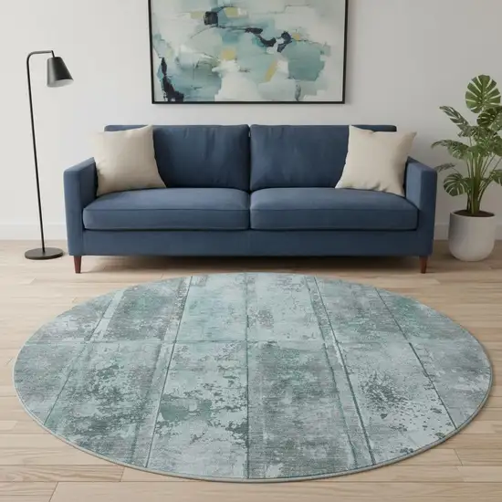 8' Teal And Gray Striped Washable Round Rug With UV Protection Photo 2