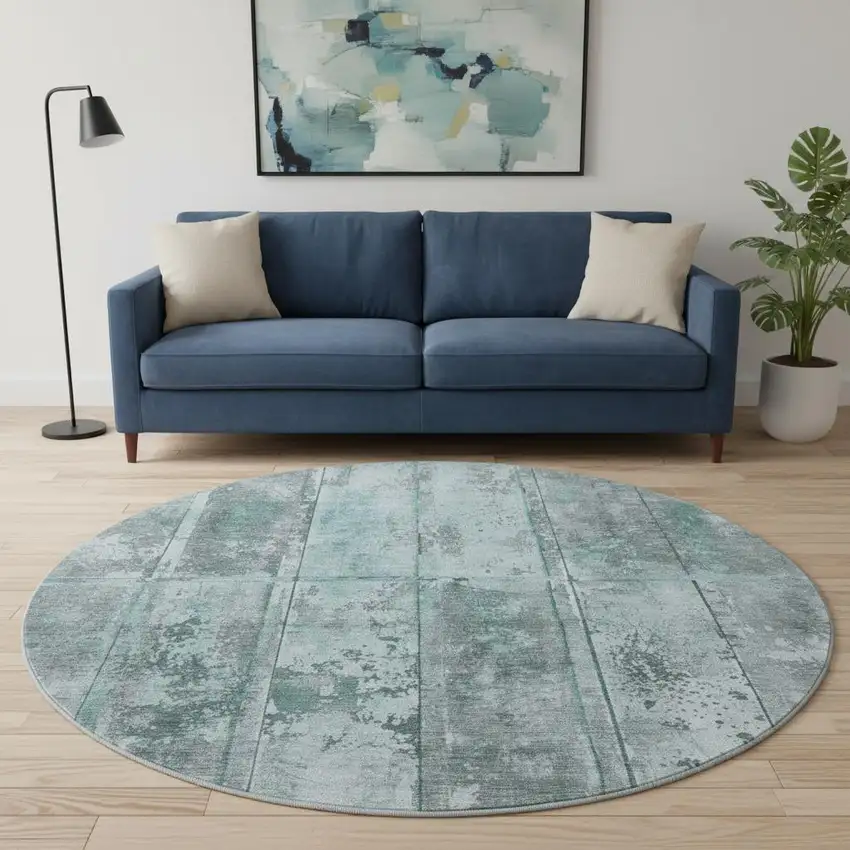 8' Teal And Gray Striped Washable Round Rug With UV Protection Photo 2