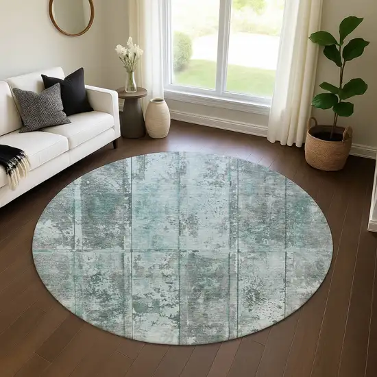 8' Teal And Gray Striped Washable Round Rug With UV Protection Photo 4