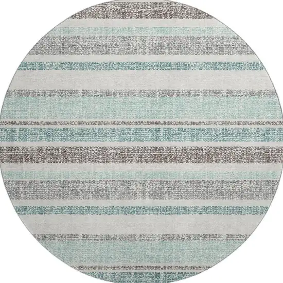 8' Teal And Gray Striped Washable Round Rug With UV Protection Photo 4