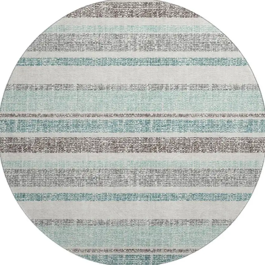 8' Teal And Gray Striped Washable Round Rug With UV Protection Photo 4