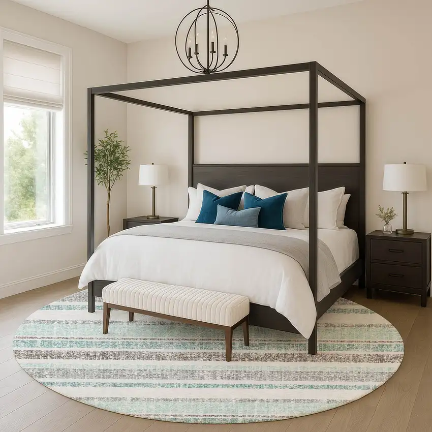 8' Teal And Gray Striped Washable Round Rug With UV Protection Photo 5