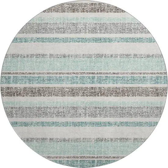 8' Teal And Gray Striped Washable Round Rug With UV Protection Photo 1