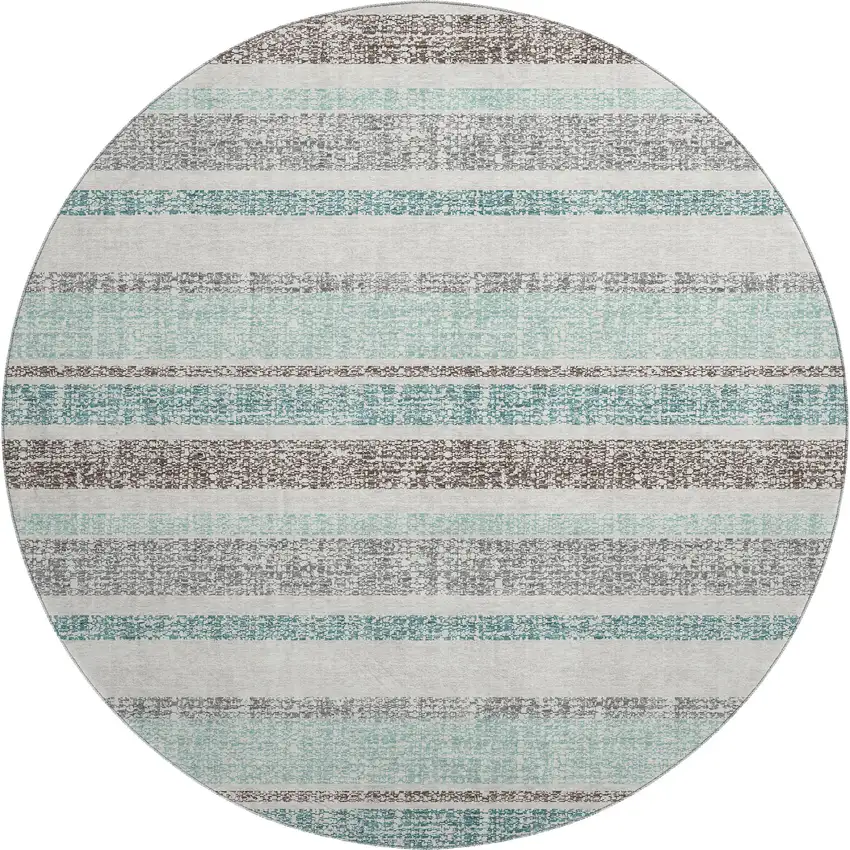 8' Teal And Gray Striped Washable Round Rug With UV Protection Photo 1